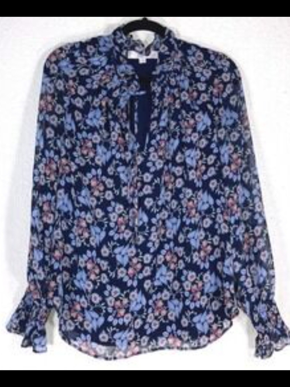 LOFT Navy Floral Tie-Detail Blouse